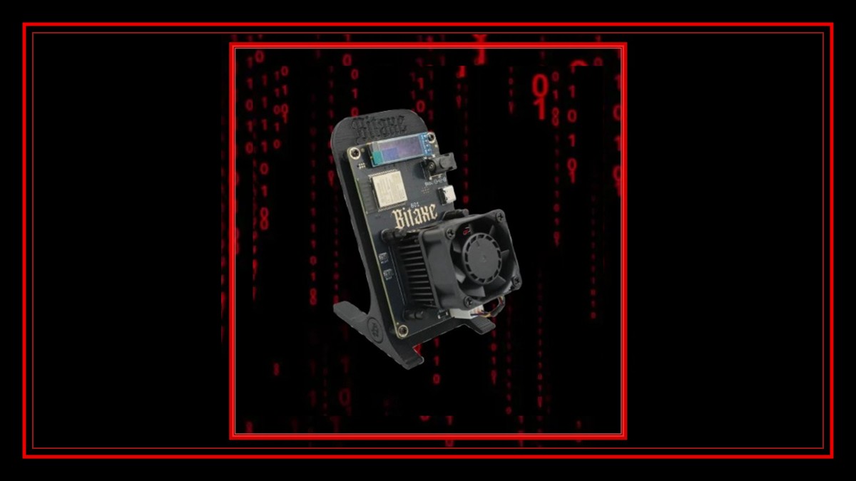 Bitaxe Gamma home Bitcoin lottery miner on the Wolf Pack Miners red code background