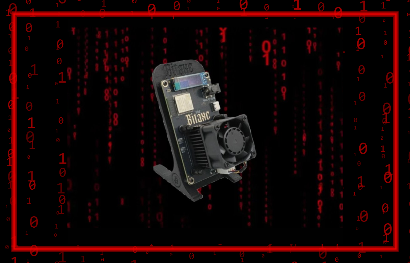 Bitaxe Gamma home Bitcoin miner with red code background