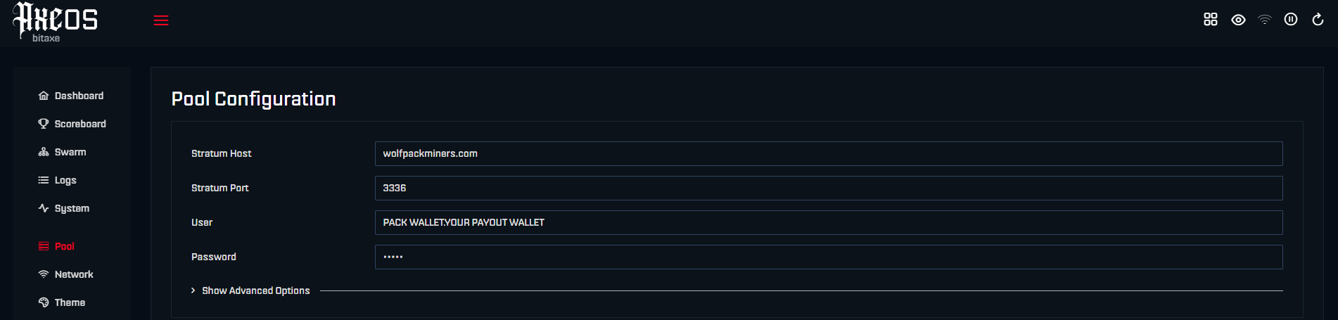 AxeOS pool configuration showing stratum host, stratum port, user and password