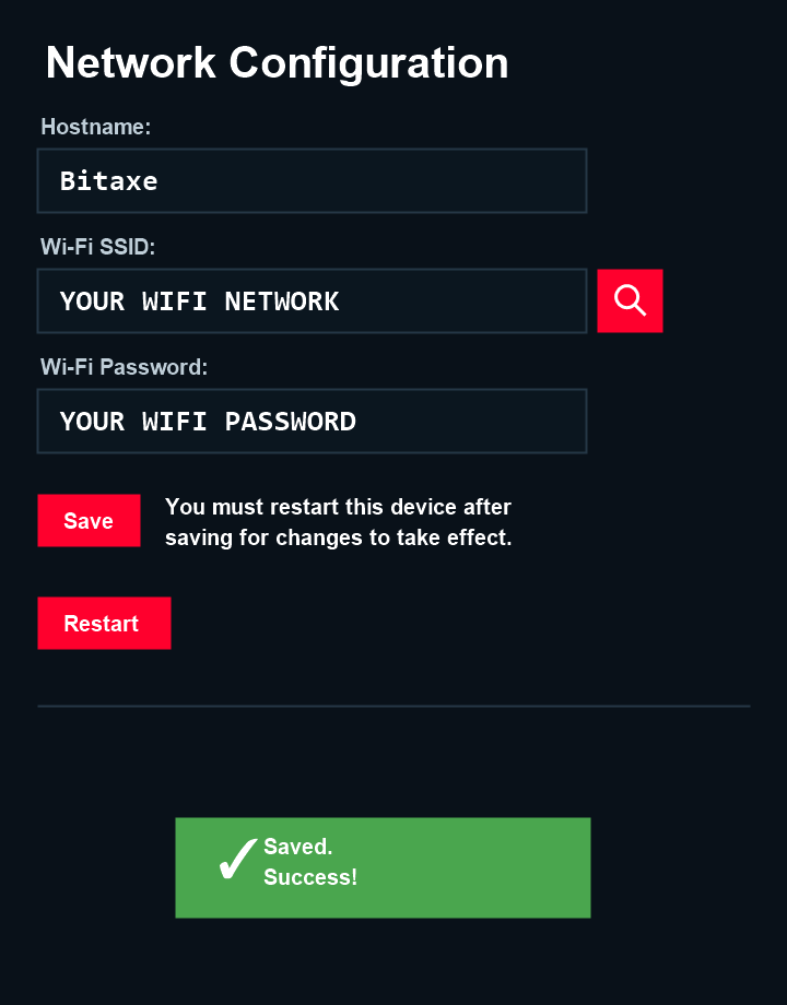 AxeOS network configuration showing Hostname Bitaxe, Wi-Fi SSID and Wi-Fi password fields