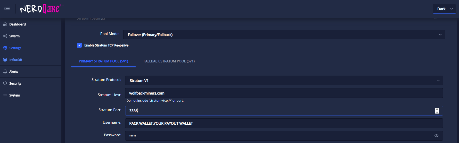 NerdQaxe pool settings showing stratum host, stratum port, username and password