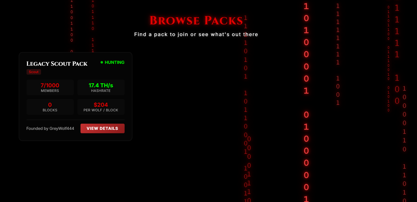 Wolf Pack Miners Browse Packs section with View Details button