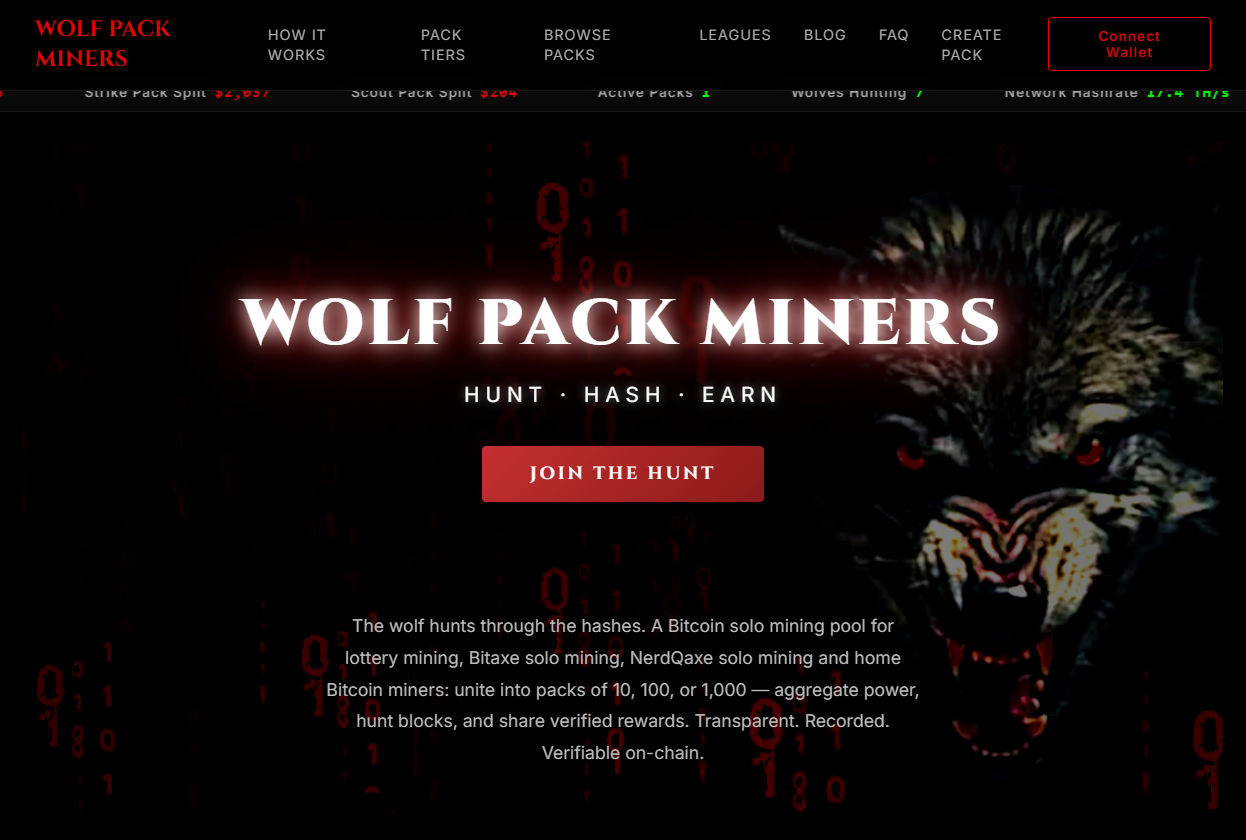 Wolf Pack Miners homepage with Connect Wallet button
